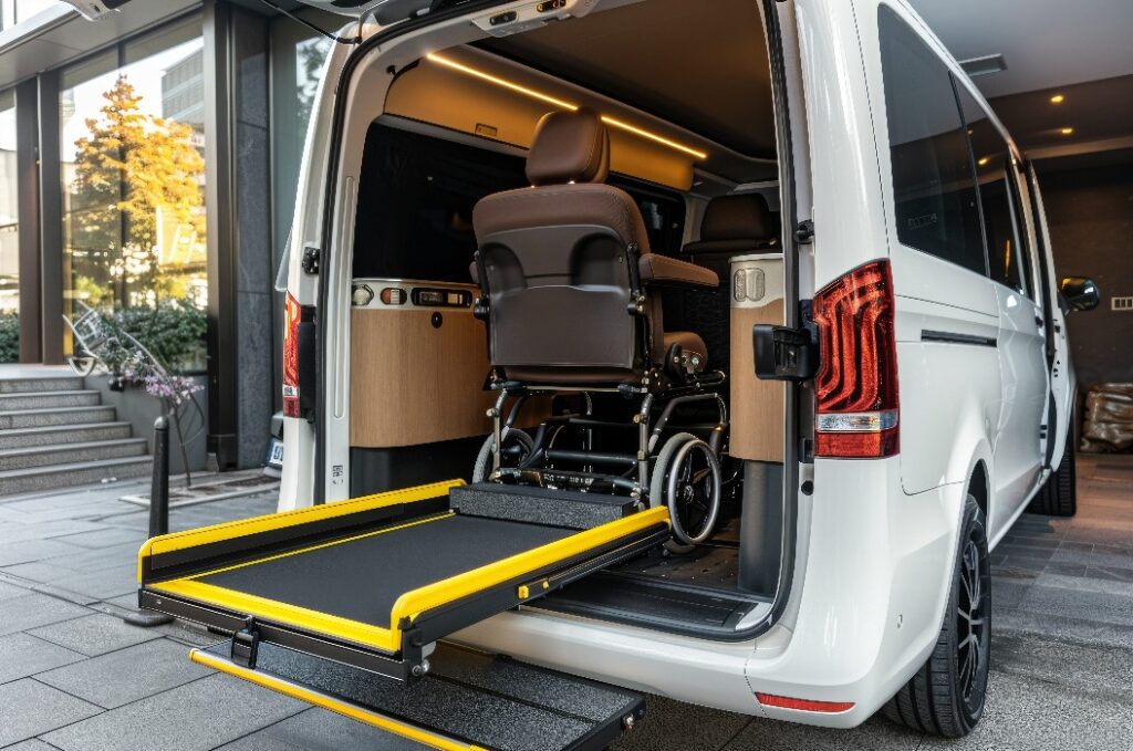 Draußen steht ein rollstuhlgerechter Minivan mit geöffneter Tür und ausgefahrener Rampe.