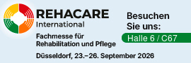Werbebanner der Rehacare International Fachmesse in gruener und roter Schrift
